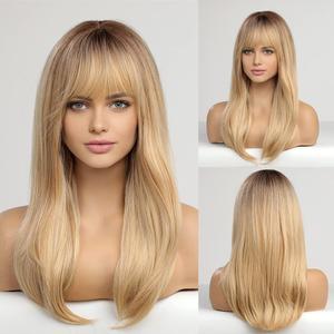HAIRCUBE Long Layered Synthetic Hair Wigs for Women with Bang (Blonde with Dark Roots)