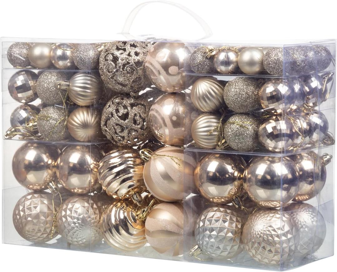 100PCS Christmas Ball Ornaments, Assorted Shatterproof Christmas Tree Decorations, Seasonal Decorative Hanging Baubles Decor Set for Xmas/Holiday/Party, Glitter&Painting Ornament Set (Champagne)