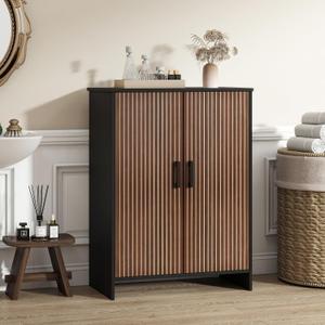 Bathroom Storage Cabinet, Floor Cabinet with 2 Fluted Doors and 2 Adjustable Shelves Wooden Freestanding Organizers and Storage, Black