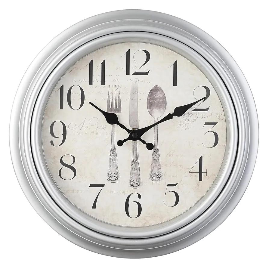 WOOPHEN Vintage Wall Clock, 16" Extra Large Silent Non Ticking Retro Wall Clocks Quality Quartz Battery Operated Round Decorative Easy to Read for Home Kitchen Living/Bedroom Office School (Silver)