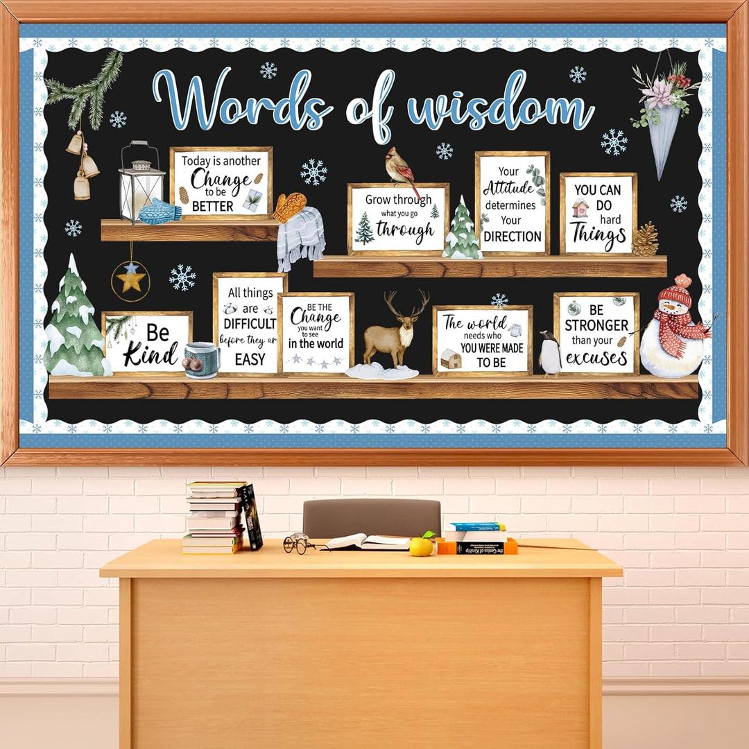 56Pcs Winter Bookshelf Bulletin Board Set Words of Wisdom Motivational Classroom Decor Inspirational Quote Snowflake Cutouts for Christmas Holiday Party School Classroom Home Chalkboard Wall Decor