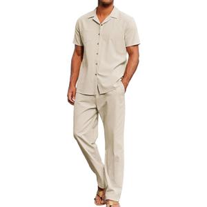 Men's 2 Piece Outfits Casual Beach Short Sleeve Button Down Shirts Loose Pant Sets Summer Vacation Walking Outfits (XX-Large, Khaki)