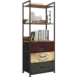 Vertical Bookshelf with 3 Drawers, Narrow Bookcase with Shelves, Wood Storage Organizer Cabinet, Metal Frame Display Standing Shelf Unit for Bedroom, Kitchen, Office