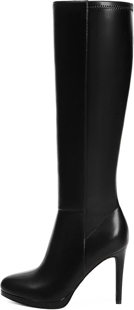 Modatope Knee High Boots Women Pointed Toe Stiletto Heel Fall Tall Boots Elastic Leather Long Boots Side Zipper (7.5, Black Pu)