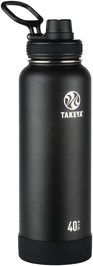 Takeya Actives Stainless Steel Water Bottle, Insulated Spout Lid, Keeps Drinks Cold 24 Hrs, Leakproof, Durable, Dishwasher Safe, Ideal for Gym, Travel, Fits Most Cup Holders, 40 oz/Onyx