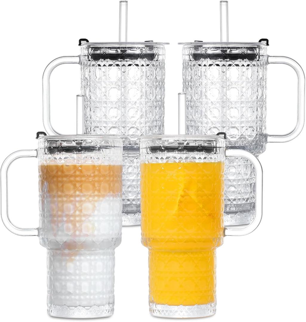 16 Oz Glass Tumbler Cup With Handle, 4 Pack Iced Coffee Cup For Cold/Hot Drinks, Modern Coffee Mug Mason Jar For Smoothies, Juice, Coffee, Tea (Round Grid Pattern)