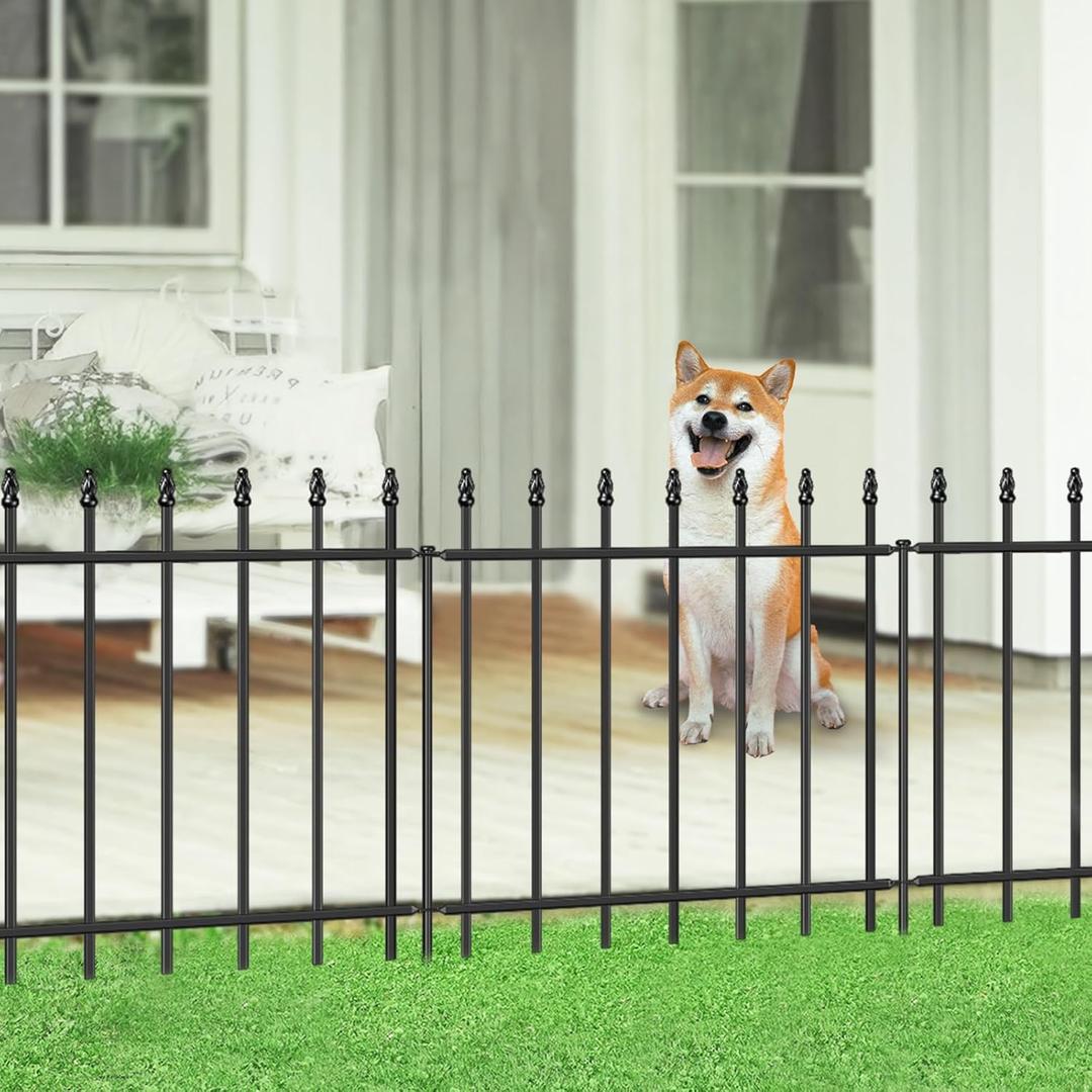 FOREHOGAR Decorative Metal Garden Fence 24 in H x 16 ft L,8 Panels + 9 Stakes Border Fence Panels Animal Barrier for Dogs, No Dig Garden Fencing for Yard Patio Flower Bed Lawn Outdoor,Black