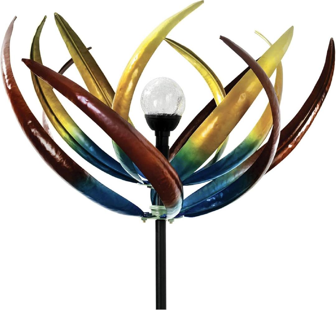 Bits and Pieces Tulip Wind Spinners Outdoor Solar Lighted Metal Wind Spinner, Large Kinetic Garden Sculptures, Crackle Glass Light, Multi-Colored Garden Decor
