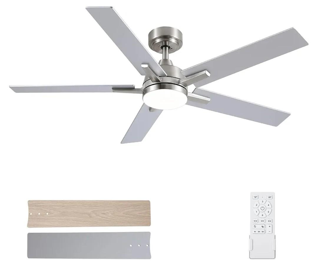 Ceiling Fans with Lights, 52 inch Brushed Nickel Ceiling Fans with Lights and Remote Control, Reversible, 3CCT, Dimmable, Noiseless, Downrod, Modern Ceiling Fan for Bedroom, Indoor/Outdoor Use