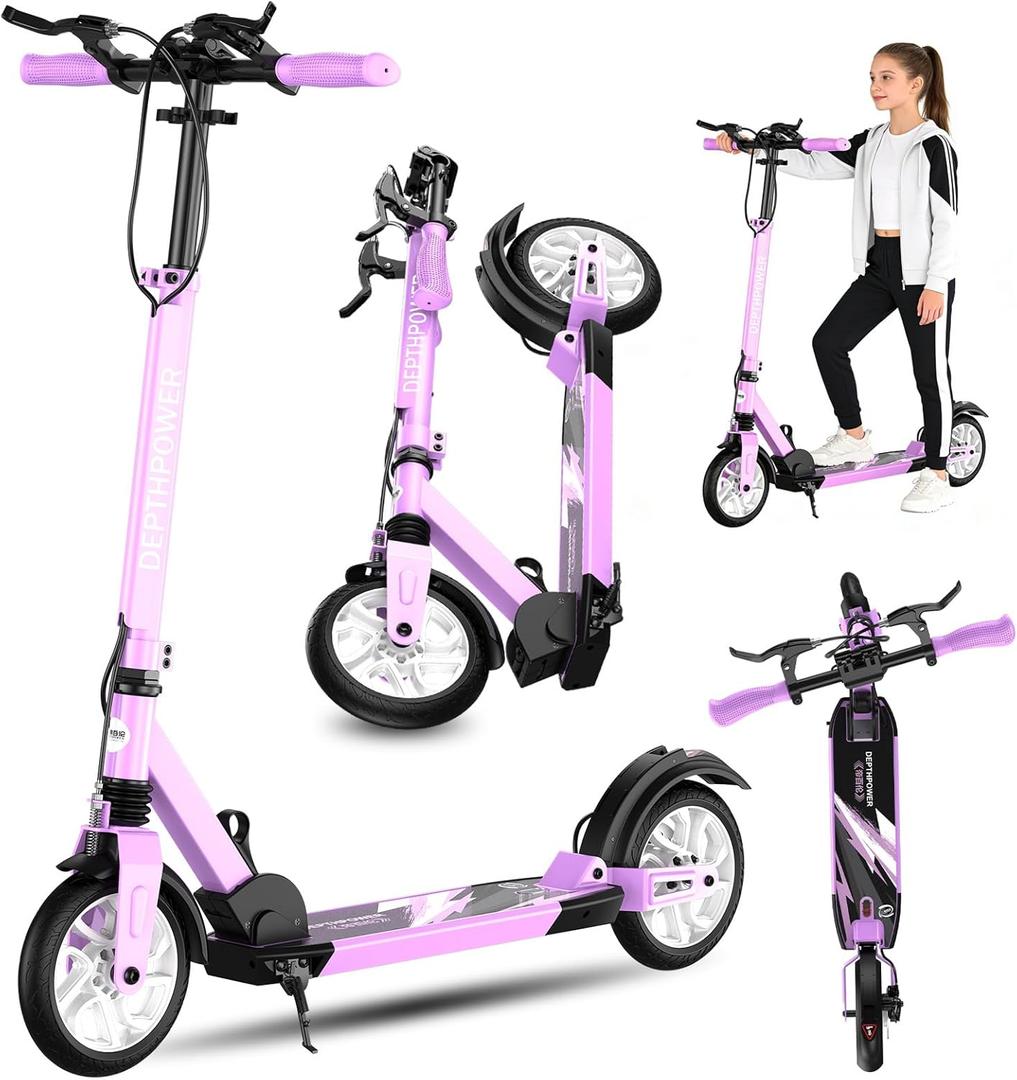 Scooter for Adults Foldable Manual, Heavy Duty Kick Scooter Teens, 8-Inch Big Wheels, Three-Brake & 4 Adjustable Height Levels, 300 Lbs Max Load, Perfect for School, Campus and Park Rides (Purple)
