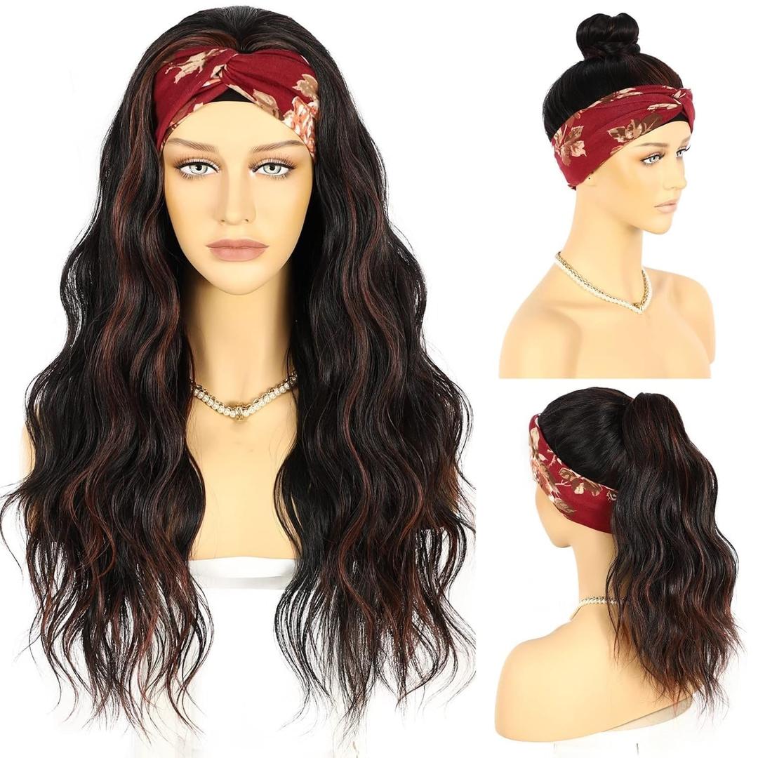 SAPPHIREWIGS Headband Wigs Synthetic Glueless Headband Wig Loose Body Wave Black Mix Red Highlight Color 150% Density Heat Friendly Headband Wigs for Black Women 26inch