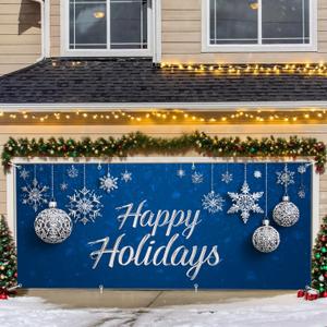 Happy Holidays Garage Door Banner  Blue Winter Theme with Snowflakes & Ornaments, Outdoor Vinyl Decoration (70)