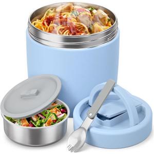 HOMEKOL Thermo for Hot Food Soup: 40.5 oz Insulated Lunch Container for Adults, Stainless Steel Thermal Jar with 12oz Inner Jar, Wide Mouth Leakproof Easy-Open Lid with Foldable Spoon & Handle, Blue