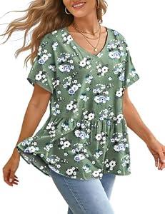 YESNO Women's Summer Tops Casual V Neck Babydoll Blouses Floral Short Sleeve Peplum Shirts M TH2 CR469