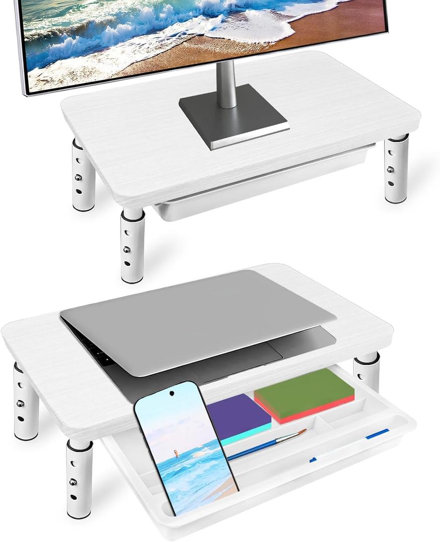 Monitor Riser, White Monitor Stand, Blocks To Raise TV Height, Solid Wood & Metal Computer Stand, Ergonomic TV Riser Blocks, 2 Pack, White, 14.5 Inches