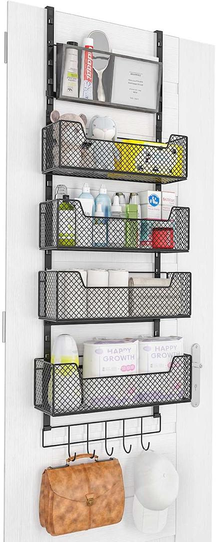 Adjustable Over The Door Organizer, Closet Door Organizer Heavy Duty Hanging Door Storage with 4 Metal Baskets and PVC Pocket, Behind Organizer for Bathroom Closet Bedroom Cabinet, Black