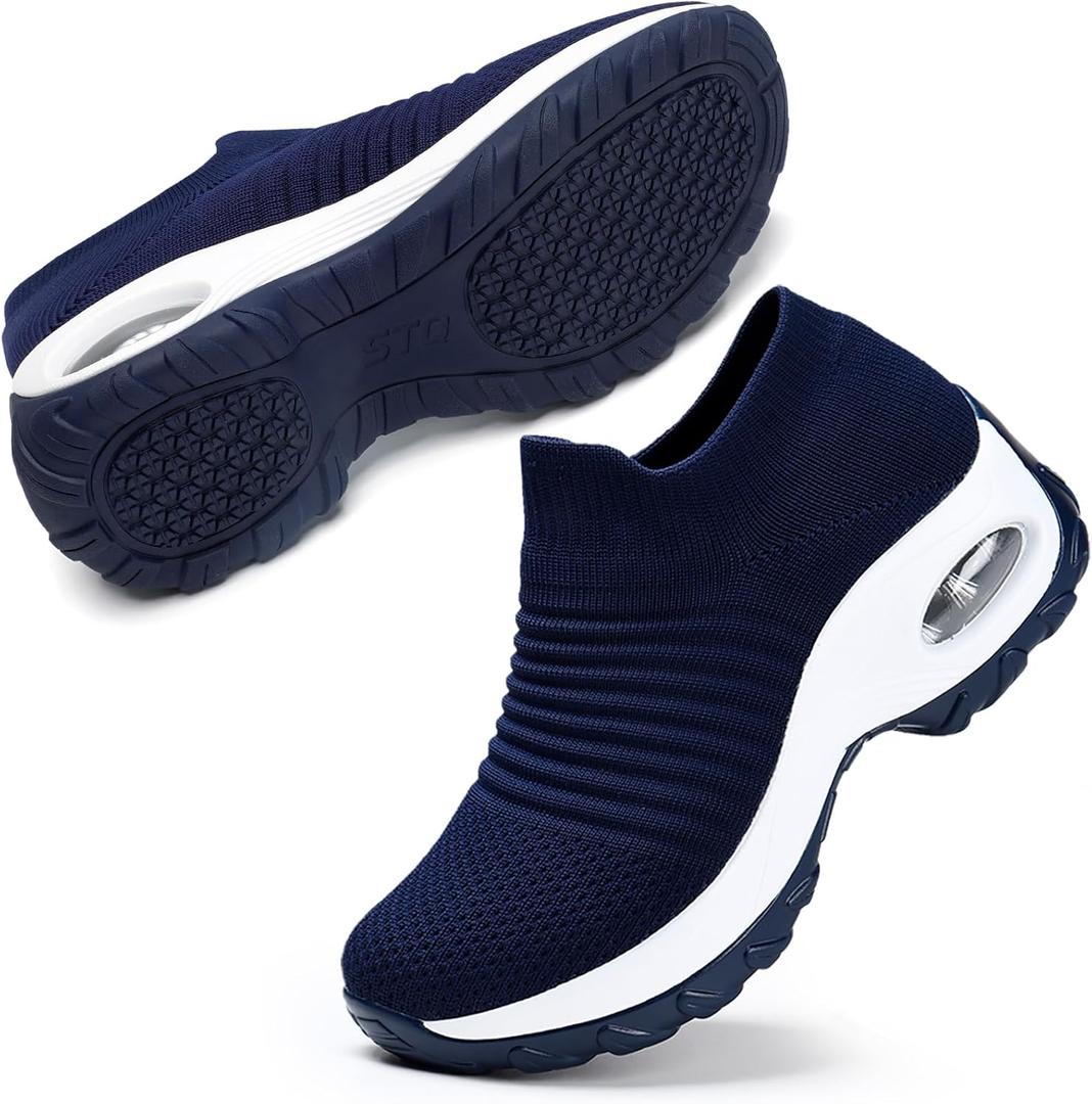 STQ Walking Shoes Women Slip on Sneakers Non Slip Work Arch Support Tennis Plantar Fasciitis Orthopedic Breathable Mesh Comfortable Ladies Nursing (8, Navy)