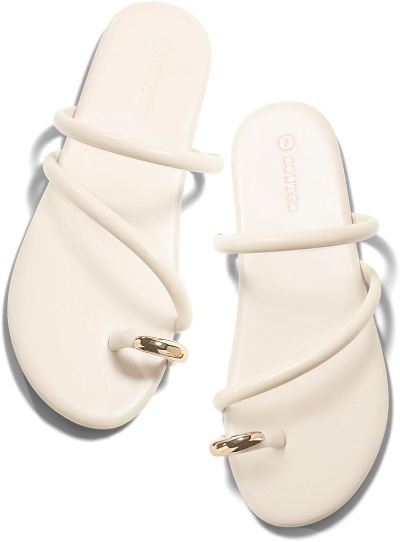 Coutgo Womens Strappy Flat Sandals Square Open Toe Flip Flops Slides Toe Ring Metal Summer Dress Shoes, Beige, size 7.5
