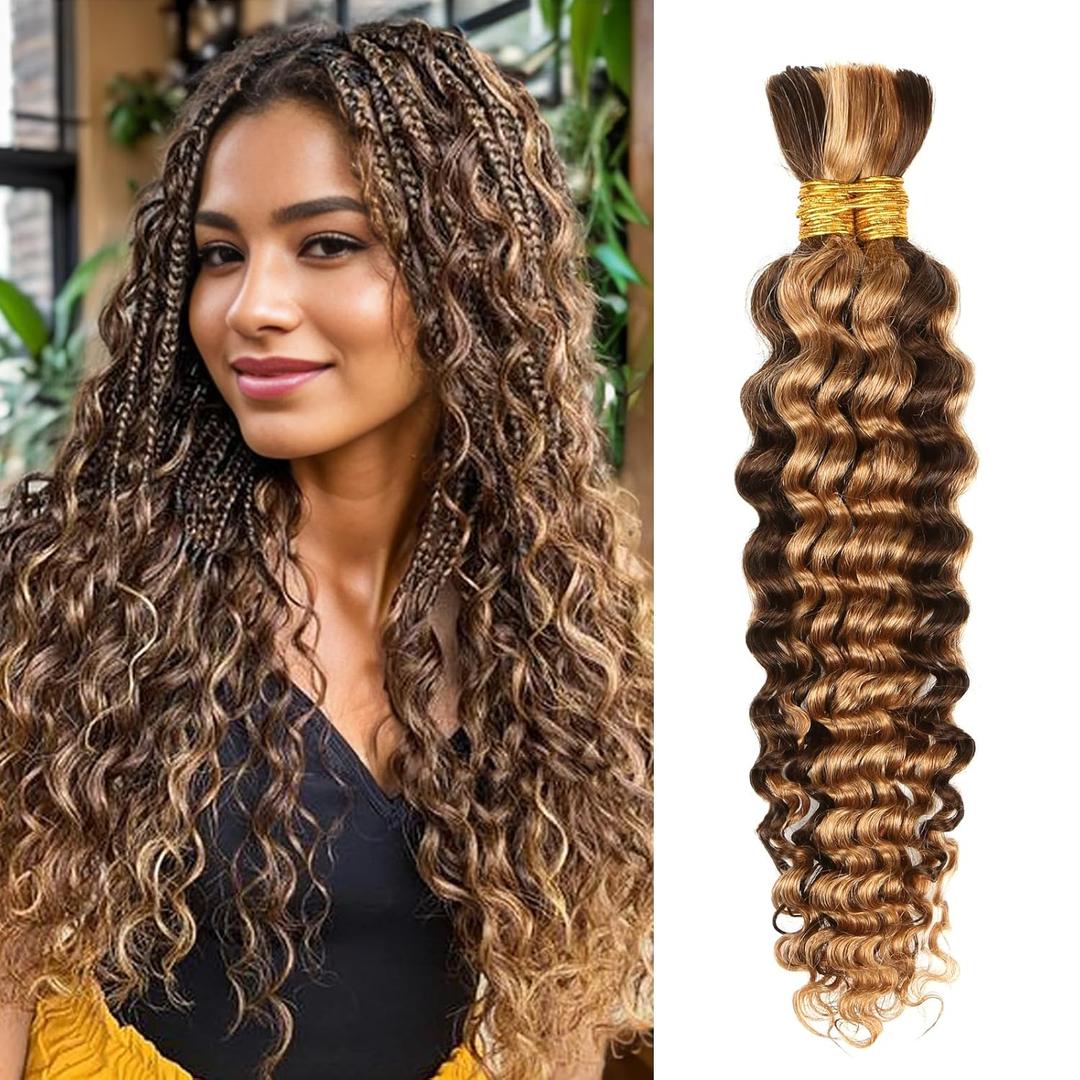 4/27 Honey Blonde Human Braiding Hair Deep Wave BulkHighlight No Weft Curly Braiding Hair Extensions for Boho Braids Wet and Wavy Braiding Human Hair Bundles(16inch,4/27,100g)