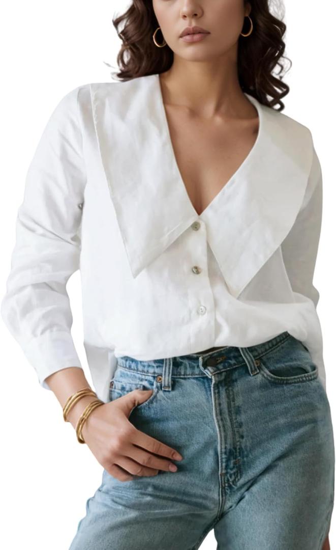 Daacee Women's Big Collar Cotton Linen Blouses Dressy Casual Long Sleeve V Neck Button Down Shirts Ladies Tops(0780-White-M)