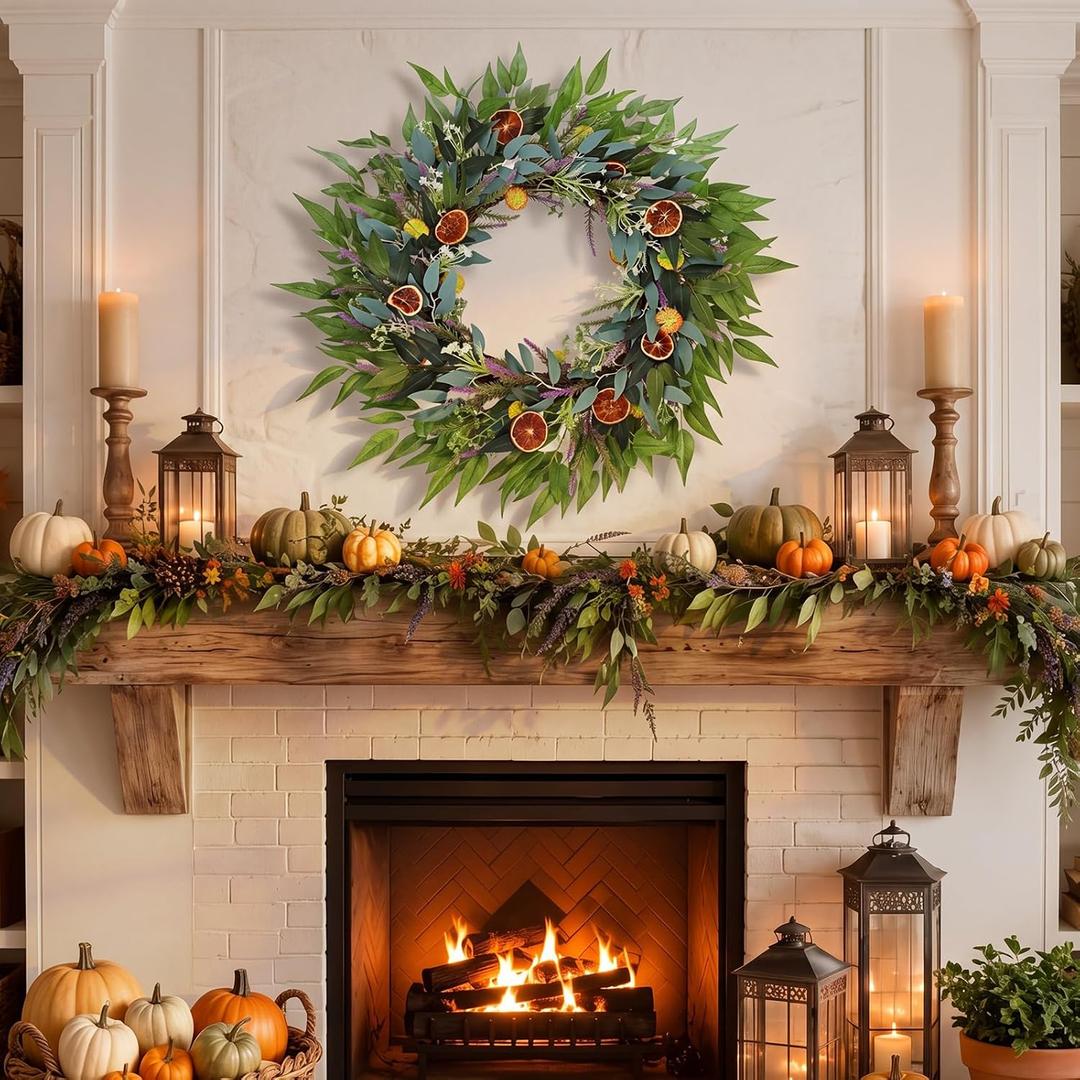32 Inches Large Fall Wreath for Front Door, Artificial Eucalyptus Wreath