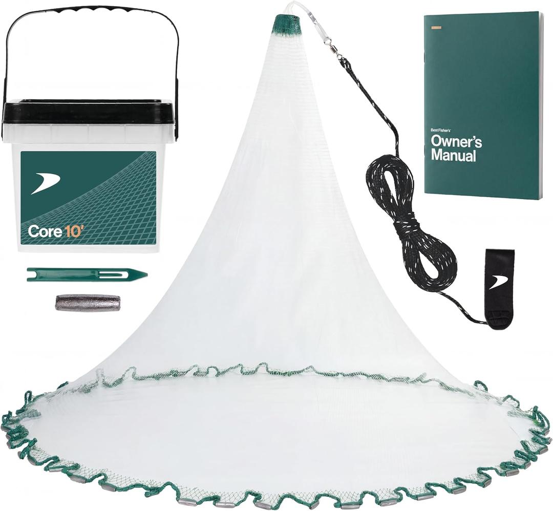 American Pro Cast Net - 4ft/6ft/8ft/10ft/12ft - 3/8" Mesh - Real Lead 1-lbs/ft Double Line - 2024 Upgraded & Optimized - Old Salt Premium Cast Nets for Fishing - E-Book & Utility Box Included