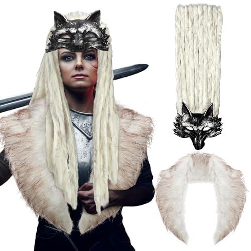 Newcotte 2 Pcs Halloween Viking Fur Costume Set Faux Fur Shawl Collar and Wolf Mask Headpiece Barbarian Accessories Women Men(White)