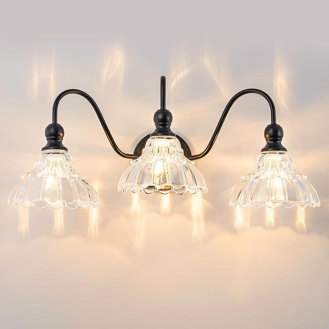 Vintage Bathroom Light Fixtures Over Mirror, 3-Light Black Wall Sconce Lighting with Flower Glass Shade, Farmhouse Vanity Lights for Bedroom Kitchen Living Room Hallway Light