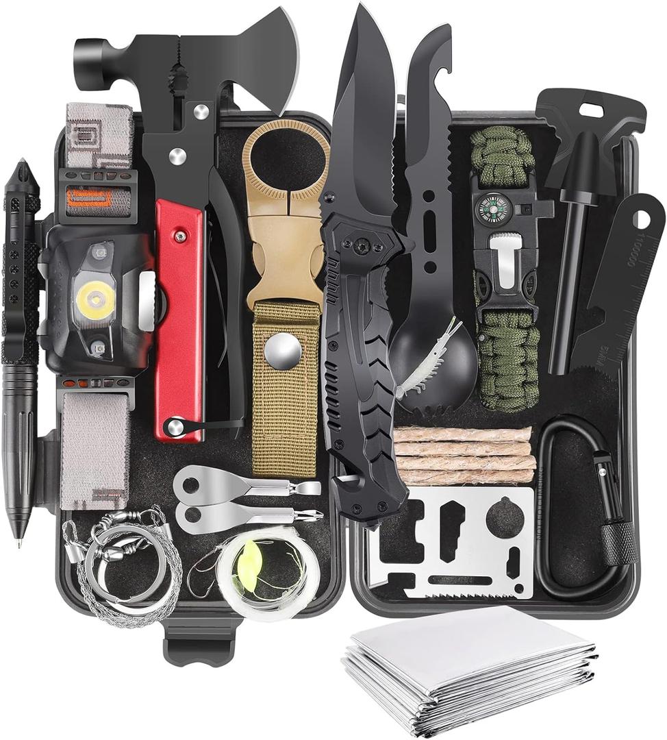 Gifts for Men Dad Husband Boyfriend, 30 in 1 Survival Gear and Equipment, Emergency Survival Kit Camping Accessories, First Aid Kit for Camping Hiking Hunting Fishing (Black)