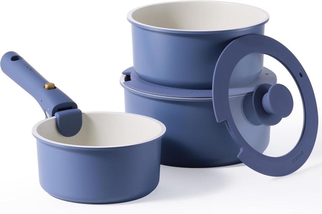 CAROTE 6pcs Nonstick Sauce Pan Sets with Lid 3 Sizes1.5QT, 2QT & 3QT, Non Stick Cooking Pot with Detachable Handle, Kitchen Sauce Pots Induction Pot, PFOA FREE, Dishwasher Safe, Blue