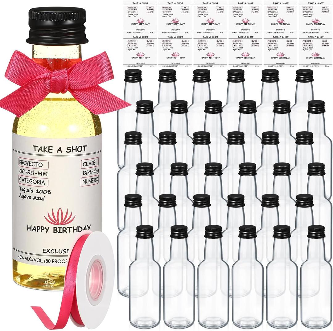 Jingmore 30 Pack 1.7oz Mini Liquor Bottles 50ml Plastic Alcohol Bottle with Cap, Labels, Ribbon for Party Supplies(Birthday,Hotpink)