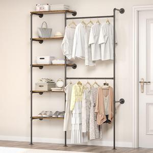 Industrial Pipe Clothing Rack, Wall Mounted DIY Garment Rack with 2 Adjustable Rod & 5 Shelves, Heavy Duty Closet Organizers System in Wardrobe Closet, Black