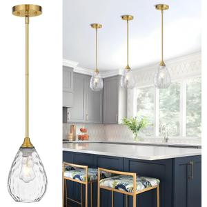 Glass Pendant Lights Kitchen Island, 1-Light Modern Brushed Gold Pendant Light Fixtures with Hammered Glass and Rods, Small Hanging Light for Kitchen Sink Dining Room Bathroom