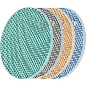 Smithcraft Silicone Trivets for Hot Dishes Pots & Pans, Round Pot Holders, Jar Opener Pads & Spoon Rest, Non Slip Hot Pads for Kitchen, Flexible Heat Resistant Mats for Counter Trivet Mat Set 4, (gray+blue+teal+beige)