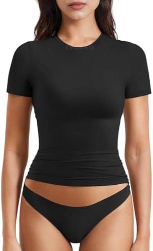 YEOREO Women Fitted Workout Tops Short Sleeve Double Lined Basic Y2K Going Out Crew Neck Compression Crop Top S