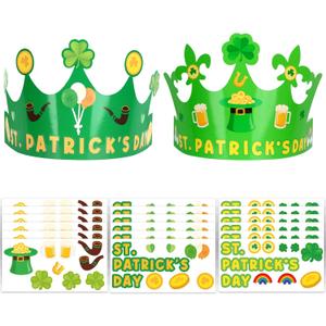2 x 30 Pack St. Patrick's Day Crown Crafts Kit for Kids Classroom with Elastic Band, Blank Green Shamrock Clover Paper DIY Hats with Gold Coins Stickers for Irish St Patricks Day Theme Party Supplies (Green)