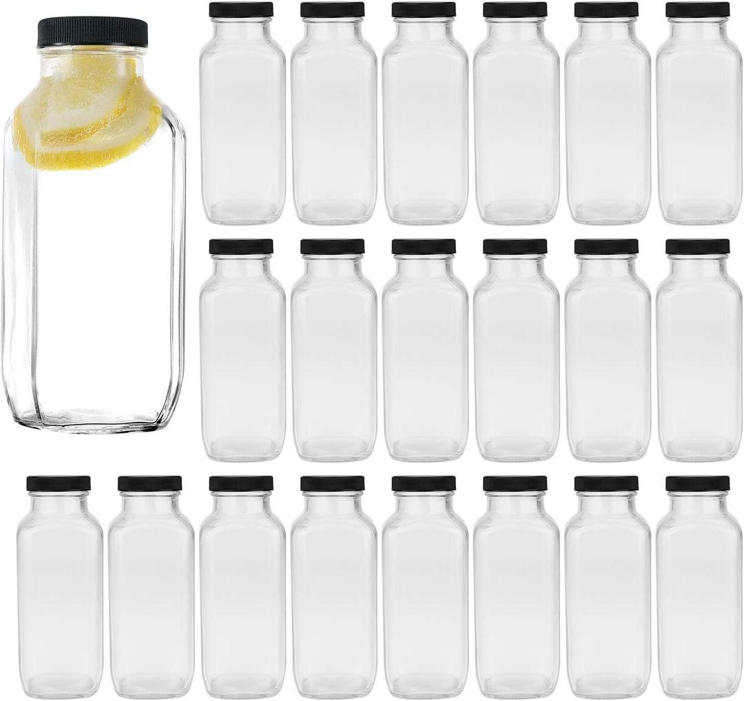 Encheng Vintage Water Bottles,Glass Drinking Bottles 16oz,Square Beverage 500ml With Lids For Kombucha,Tea,Glass Homemade Drinks,Travel Reusable Milk Juiceing 20Pack (Black)