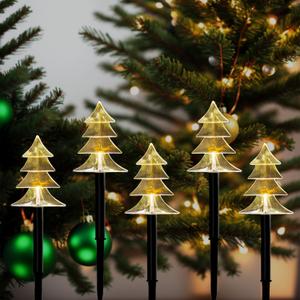 Christmas Solar Pathway Lights Outdoor, Waterproof Christmas Tree Garden Lights with 2-Lighting Modes, Set-of-5 Walkway Solar LED Lights for Yard Lawn Patio Landscape Wedding Decorations(Warm White)