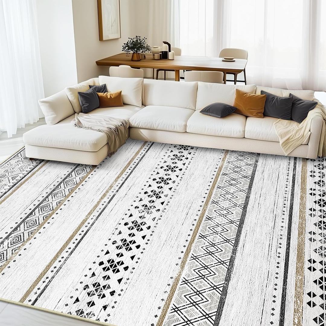 BESTSWEETIE 9x12 Area Rugs for Living Room Washable Moroccan Farmhouse Neutral Geometric Low Pile Non-Slip Soft Print Pattern Rug for Bedroom Kitchen Dining Room Entryway Black/Brown