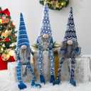 unanscre Blue Christmas Gnomes Plush Decoration - 3PCS Handmade Xmas Long Dangle Leg Winter Gnomes Hold Snowflake Candy Cane Gift Box Swedish Santa Elf Dolls for Home Table Ornament, Tiered Tray Decor
