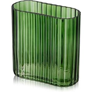 Green Glass Vase 6.7 Inch Ribbed Glass Vase for Flowers Unique Fluted Vase Decorative Modern Vase for Wedding Home Office Dinning Living Room Shelf Table Centerpieces