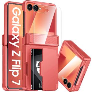 CENMASO for Samsung Galaxy Z Flip 7 Case with Card Holder [RFID Blocking] & Hinge Protection & HD Screen Protector, Rugged Anti-Scratch Full-Body Shockproof Phone Case for Z Flip 7-Coral Red