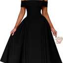 YMDUCH Women's Elegant Off Shoulder Short Sleeve A line Flowy Swing Cocktail Party Long Dress (Medium)