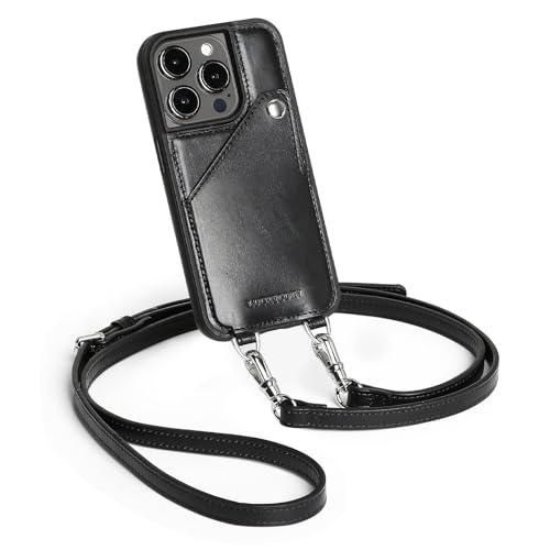 Leather Wallet Phone Case Compatible with iPhone 15 Pro,Crossbody Lanyards Wallet Phone Case for Women,Purse Flip Card Pouch Cover Case with Pouch Clip Card Holder Adjustable Wrist Strap Black