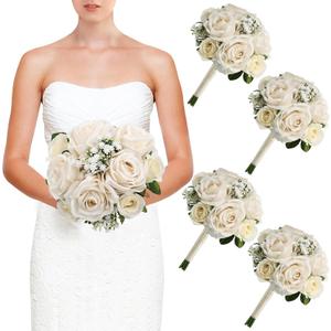 DIYDOFUN Wedding Bridesmaid Bouquets Set of 4,  Artificial Silk Flowers Arrangement for Ceremony Marriage Proposal Party Anniversary Decorations - Champagne