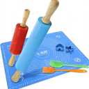 Non-Stick Rolling Pin Silicone Basting Pastry Mat Spatula Brushes Set:Combo Kit of Large and Small Dough Rollers and 2 Stainless Steel Cookie Cutters for Baking (15 Inch)