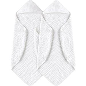Yoofoss Hooded Baby Towels for Newborn 2 Pack 100% Muslin Organic Cotton Baby Bath Towel with Hood for Babies, Infant, Toddler and Kids, 32x32Inch, Soft and Absorbent Newborn Essential,White-2 Pack