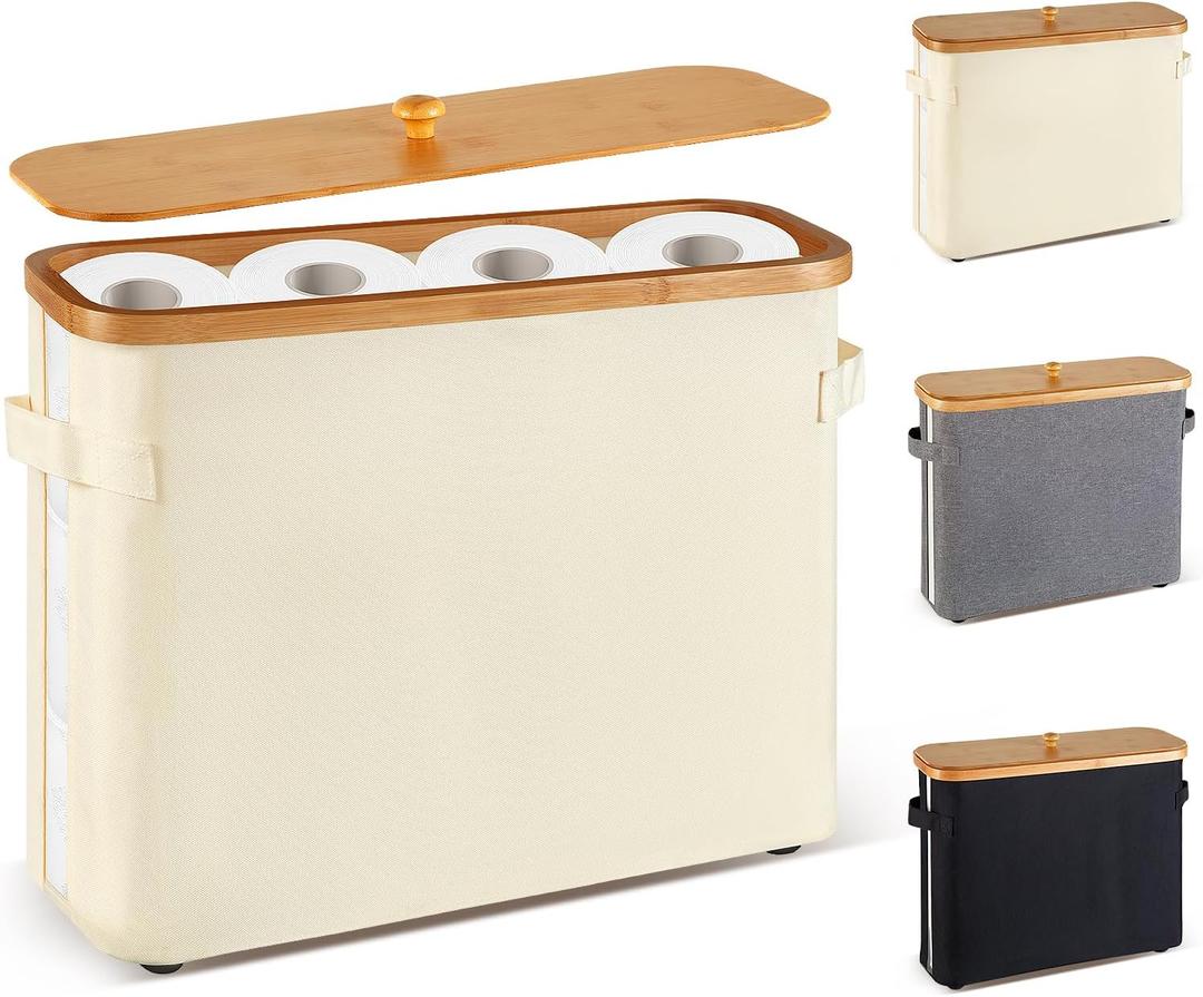 Toilet Paper Storage Basket with Lid and Handle for Bathroom Bamboo Collapsible Toilet Paper Holder Storage with Non-Slip Bottom ,Extra Toilet Roll Storage, Beige (Medium)