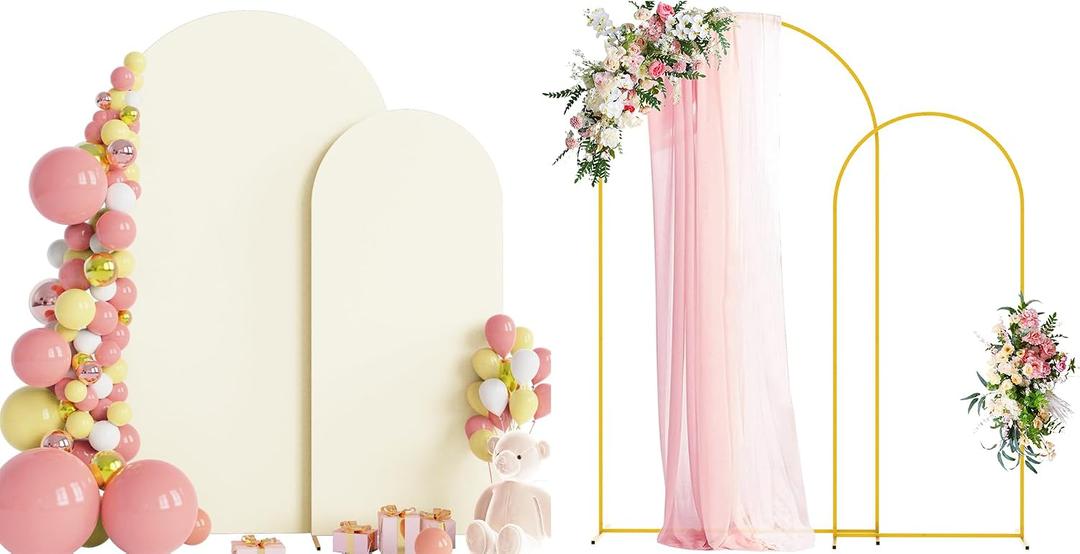 Wokceer Wedding Arch Backdrop Stand and Cover Set of 2 Metal Arch Stand with Arch Cover Ivory 7.2FT, 6FT for Birthday Party Wedding Ceremony Bridal Baby Shower Event Decor