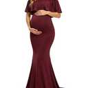 Glampunch Womens Off Shoulder Maternity Dress Ruffles Elegant Slim Gowns Fit Maxi Photography Dress Burgundy. XL